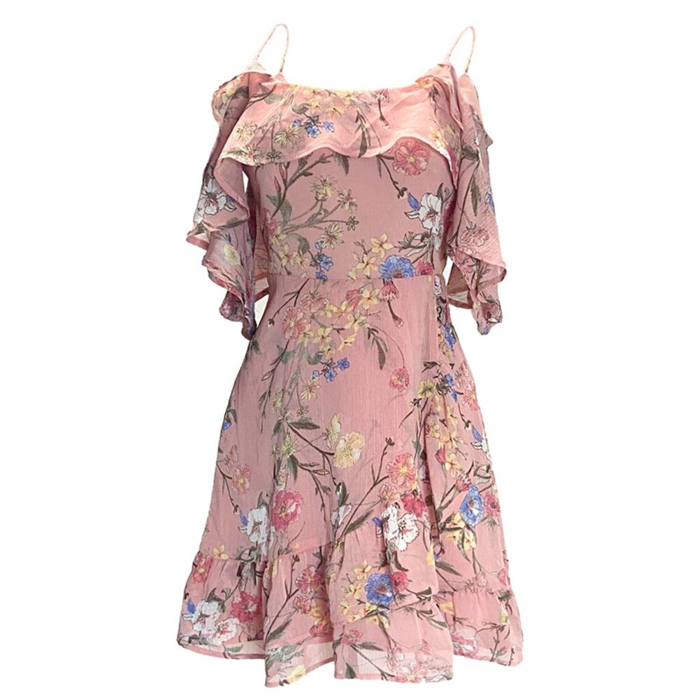 Stradivarius Pink Floral cold Shoulder Ruffle Faux Wrap Mini Sun Dress Size S
